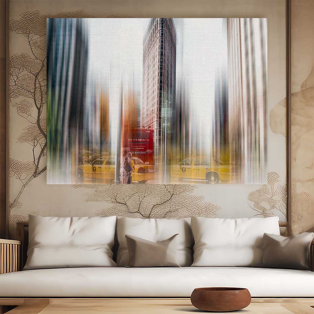 Iconic NYC Flatiron Building Blurry Cityscape Wall Art by Luxuriance Designs. Made in USA.