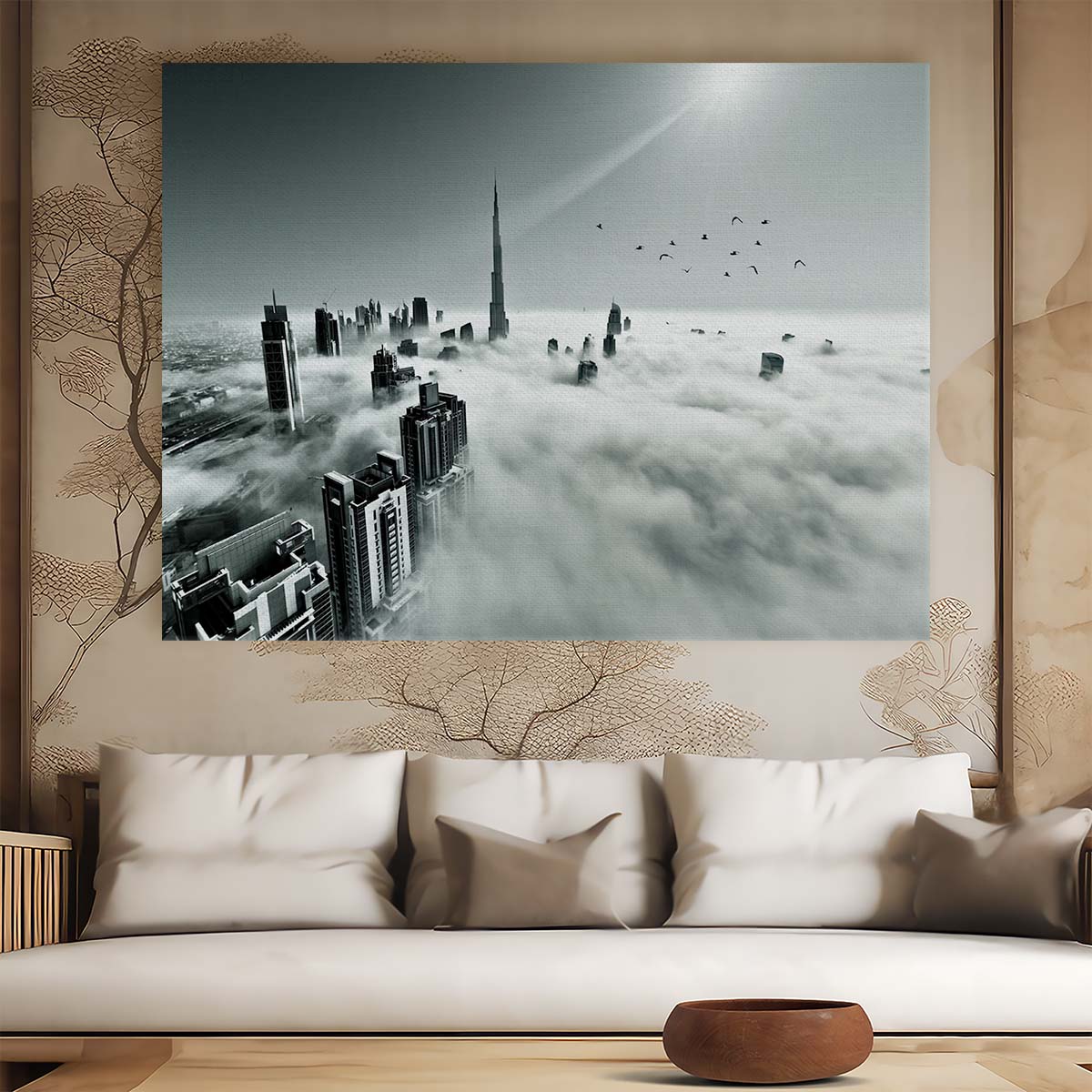 Dubai's Iconic Burj Khalifa Skyline Foggy View Wall Art by Luxuriance Designs. Made in USA.