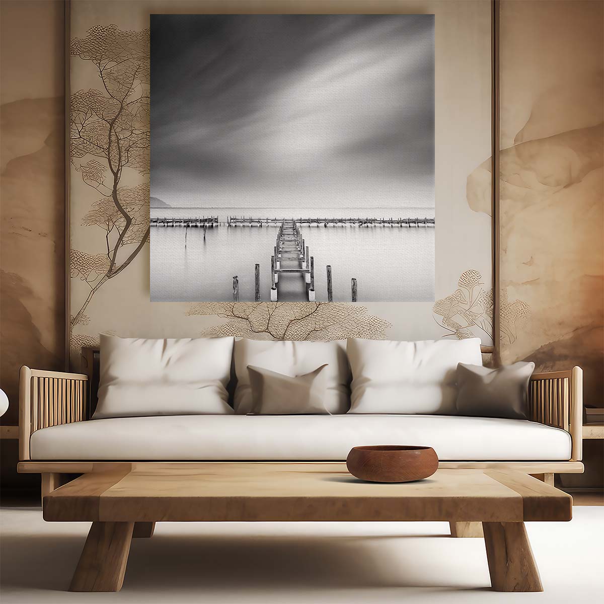 Tranquil Ocean Pier Long Exposure Seascape Photography Wall Art by Luxuriance Designs. Made in USA.