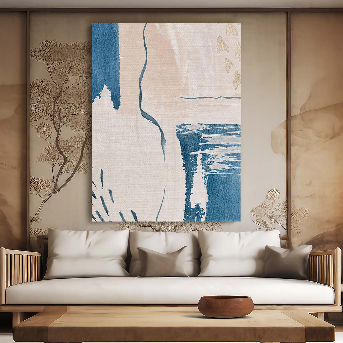 Modern Minimalist Blue & Beige Abstract Acrylic Wall Art Illustration by Luxuriance Designs, made in USA