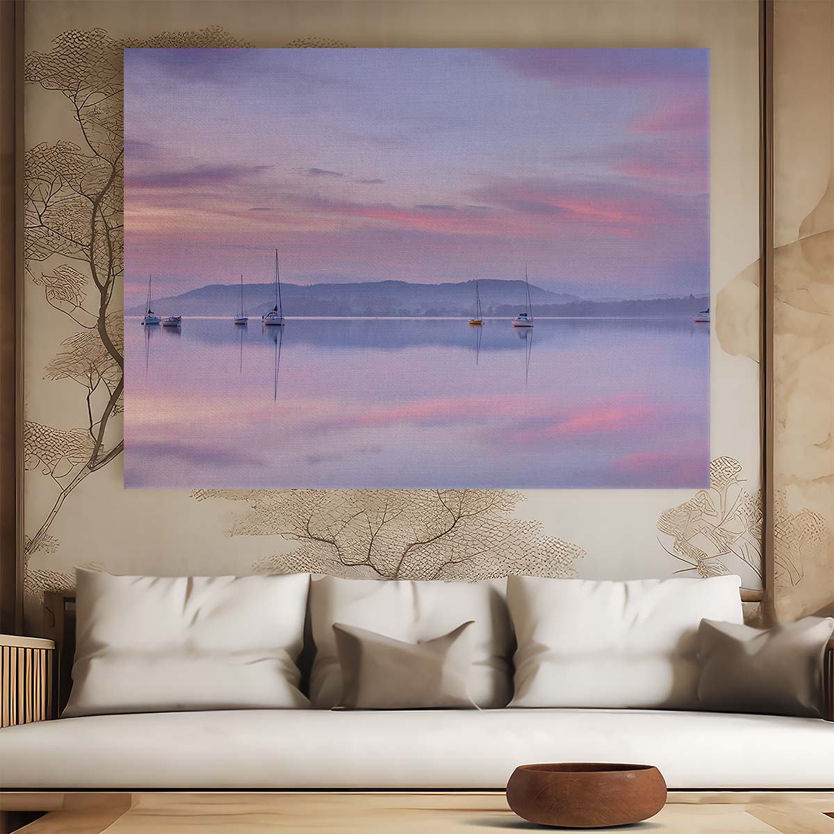 Serene Dawn Seascape Pastel Sailboats Wall Art by Luxuriance Designs. Made in USA.