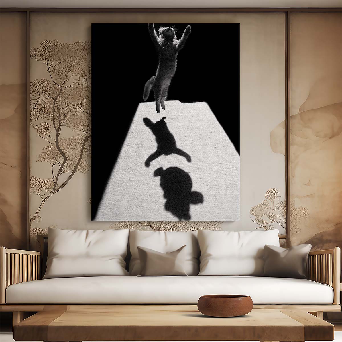 Minimalist Monochrome Photography of Playful Cat Leaping in Shadows by Luxuriance Designs, made in USA