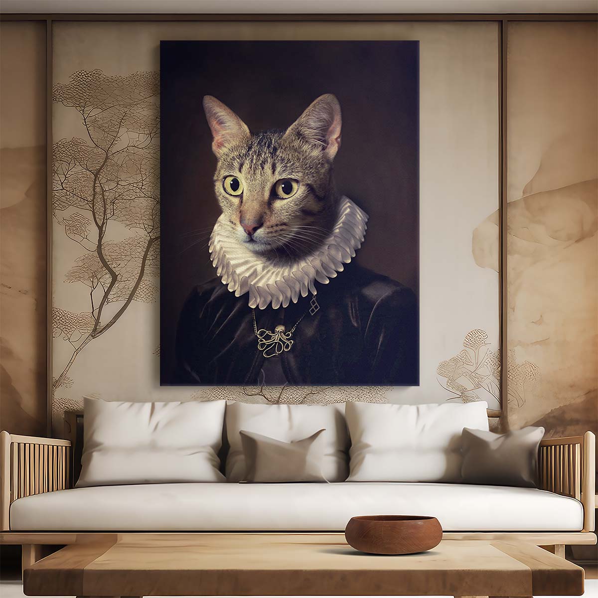 Vintage Renaissance Cat Portrait Photography, Animal Face with Necklace by Luxuriance Designs, made in USA