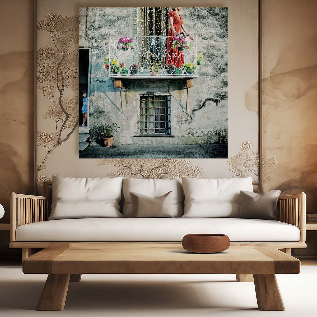 Colorful Summer Floral & Golden Chains Woman Portrait Wall Art by Luxuriance Designs. Made in USA.