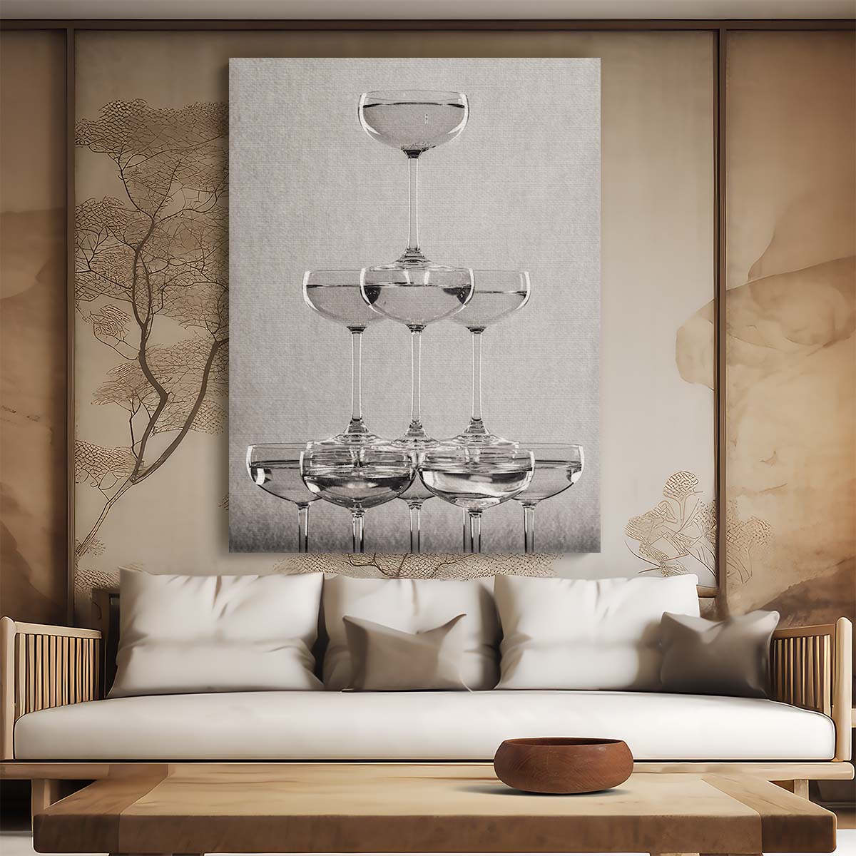 Monochrome Still Life Photography of Vintage Champagne Glass Tower by Luxuriance Designs, made in USA