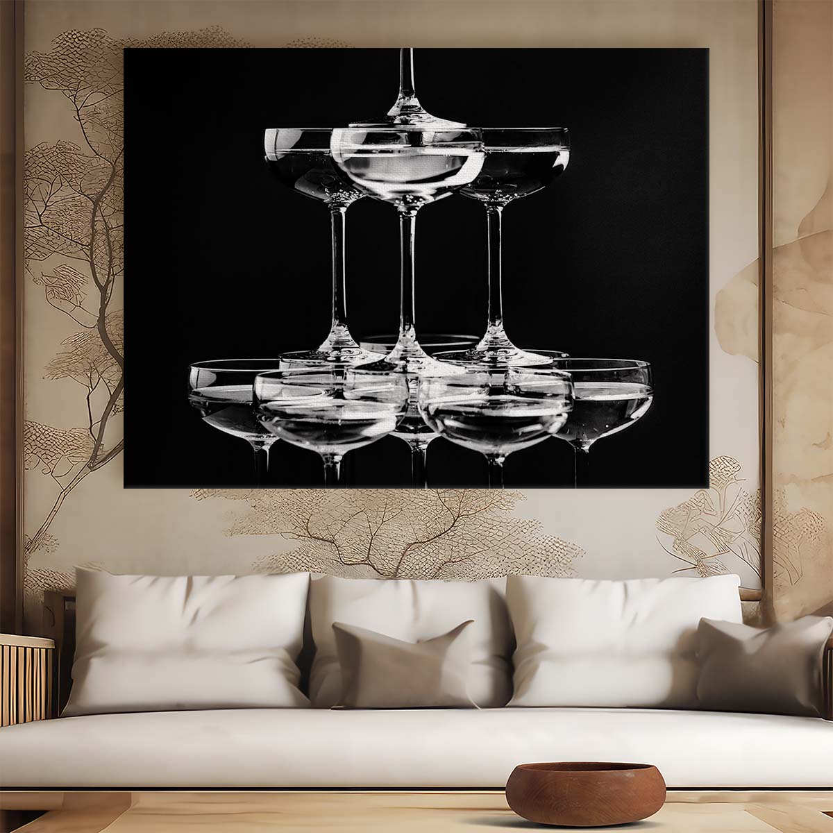 Elegant Champagne Tower Celebration Monochrome Wall Art by Luxuriance Designs. Made in USA.