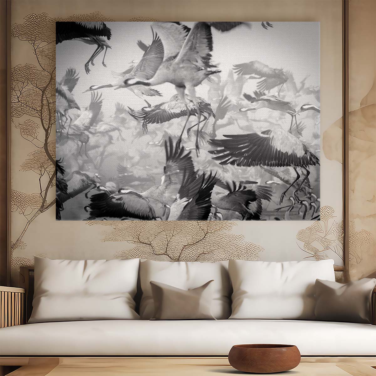 Misty Crane Migration Over Chula Lake Wall Art by Luxuriance Designs. Made in USA.