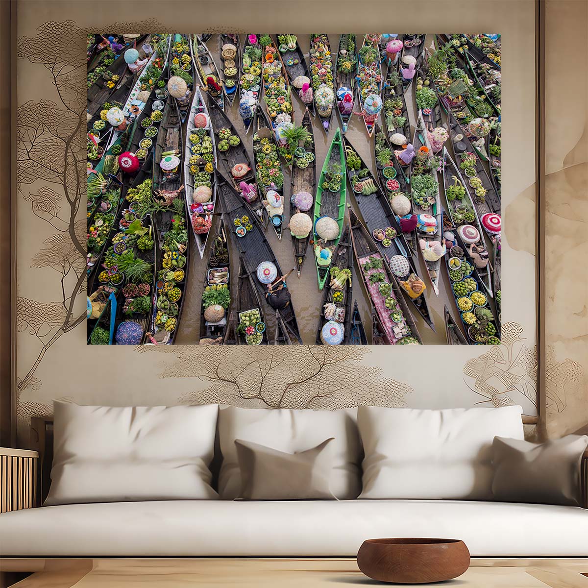 Vibrant Asian Floating Market Aerial View Wall Art by Luxuriance Designs. Made in USA.