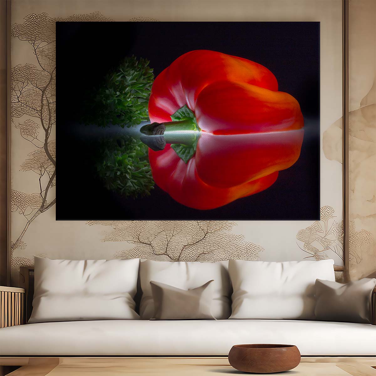 Red Paprika Reflection Kitchen Art Vegetarian Wall Art by Luxuriance Designs. Made in USA.