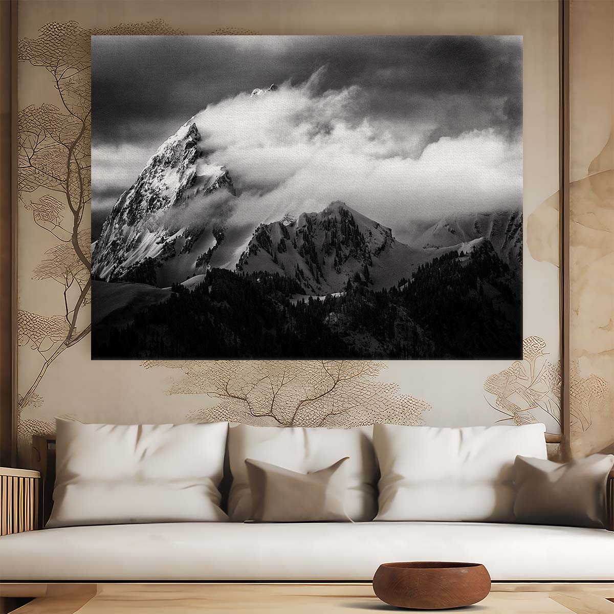 Monochrome Mountain Summit Cloudy Sky Landscape Photography Wall Art