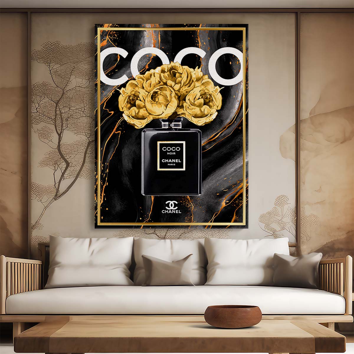 Coco Chanel Noir Perfume Black Marble Wall Art by Luxuriance Designs. Made in USA.