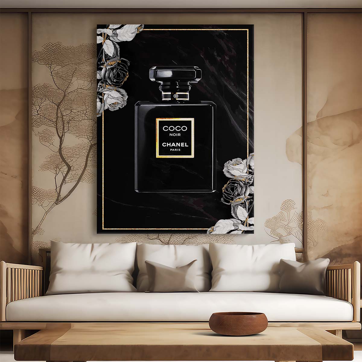 Coco Chanel Noir Perfume Dark Rose Wall Art by Luxuriance Designs. Made in USA.