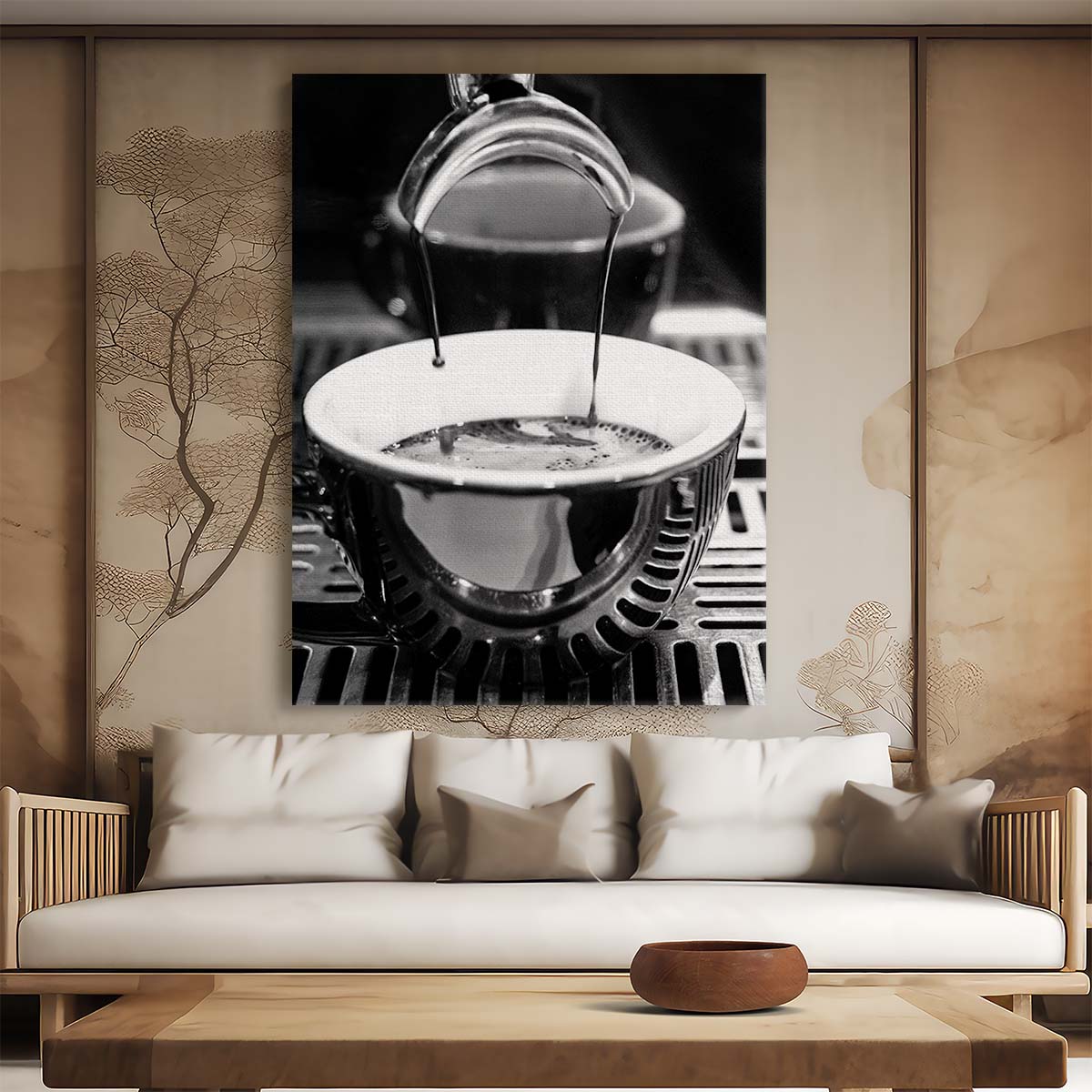 Monochrome Still Life Photography of Espresso Dripping in Café Mug by Luxuriance Designs, made in USA