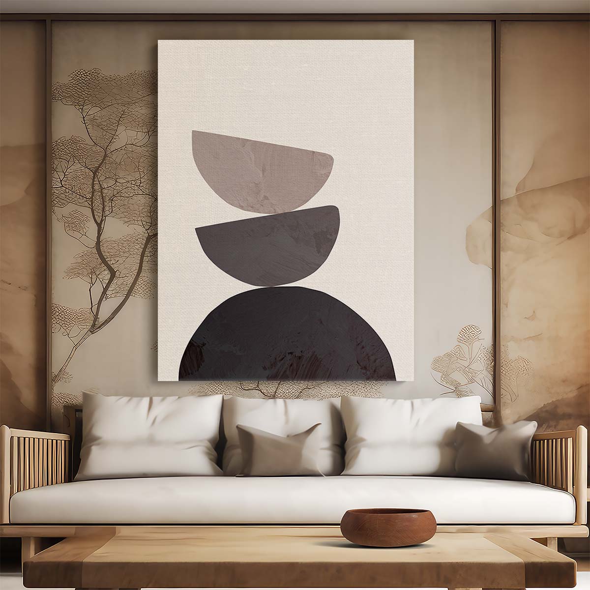 Mid-Century Beige Geometric Abstract Illustration Wall Art Collage by Luxuriance Designs, made in USA