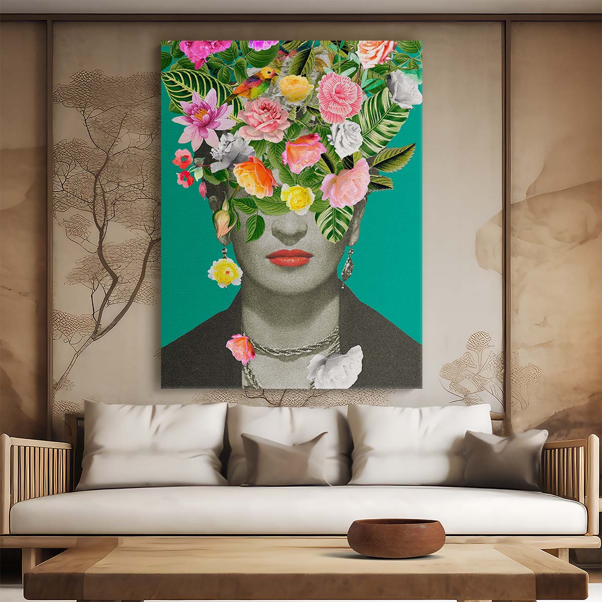 Frida Kahlo Inspired Colorful Floral Bird Woman Portrait Photography by Luxuriance Designs, made in USA