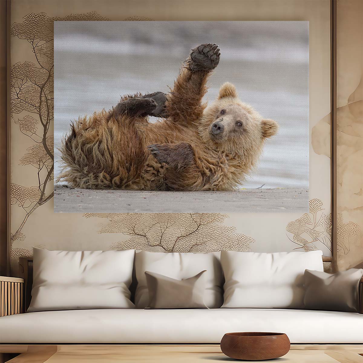 Alaskan Brown Bear Waving Coastal Wildlife Wall Art by Luxuriance Designs. Made in USA.