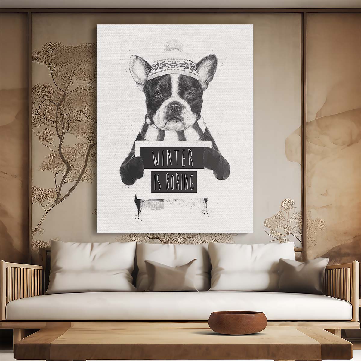 Funny Bulldog Winter Illustration, Christmas Animal Wall Art by Luxuriance Designs, made in USA