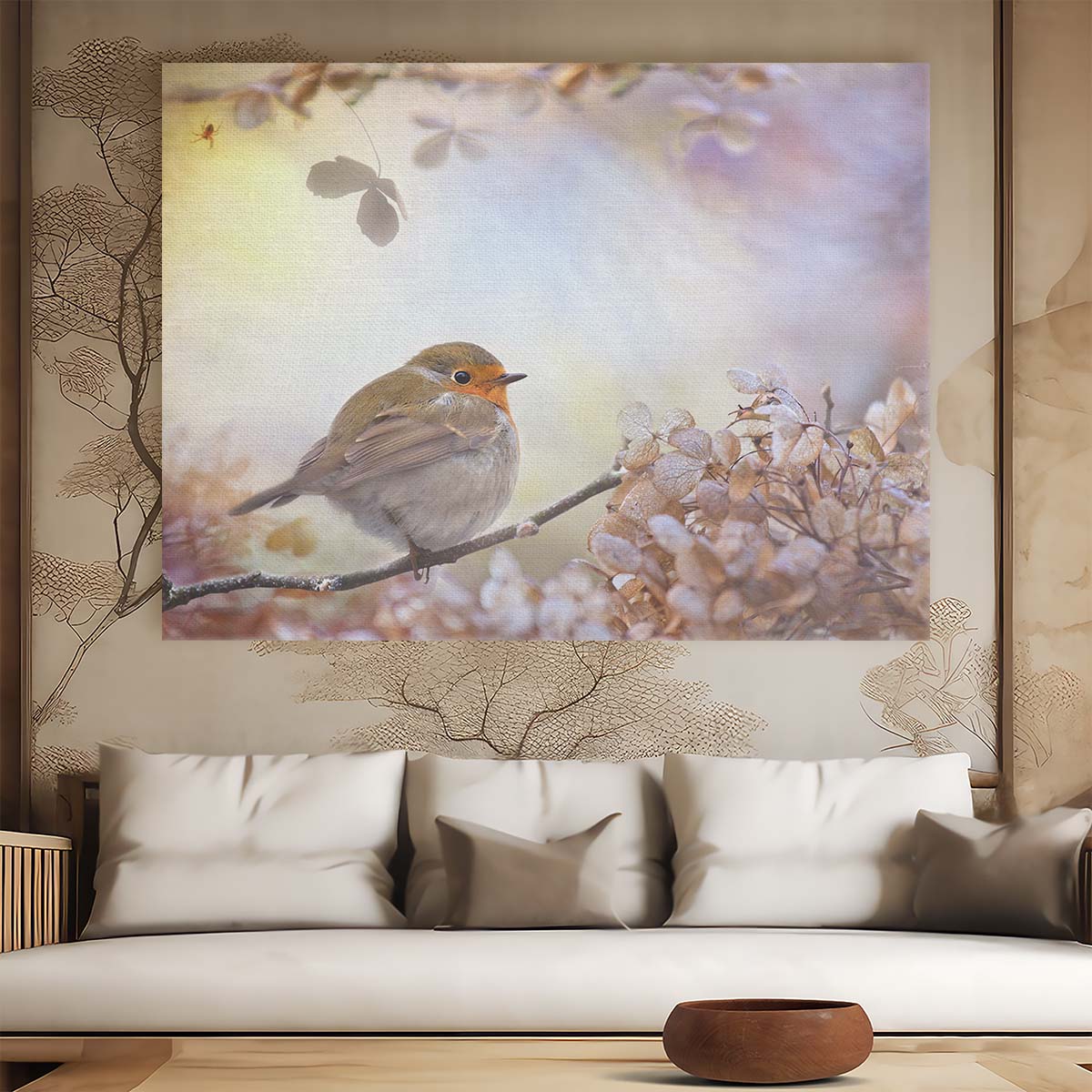 Enchanted Robin & Hydrangea Winter Dream Wall Art by Luxuriance Designs. Made in USA.