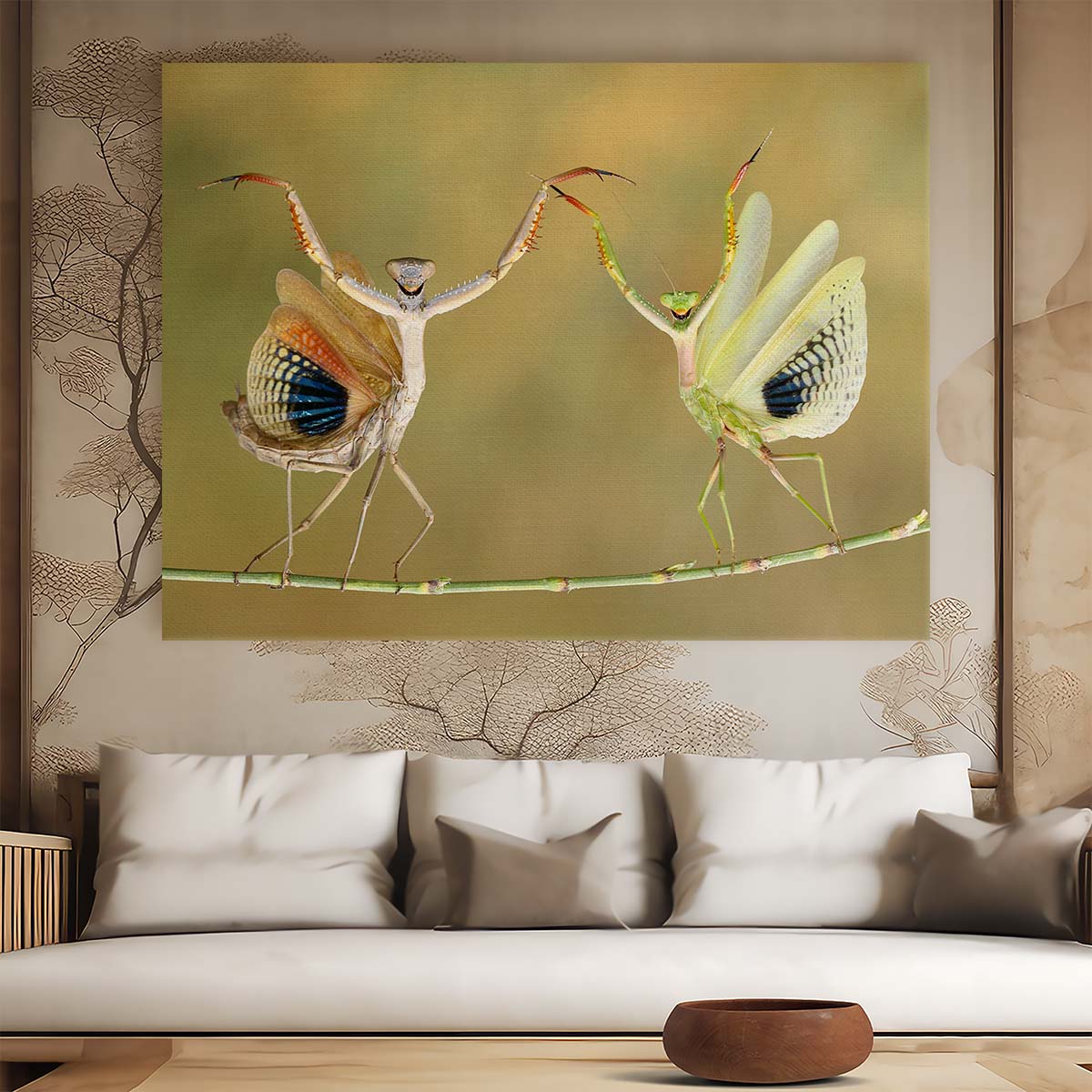 Joyful Ballet of Praying Mantises Duo Wall Art by Luxuriance Designs. Made in USA.
