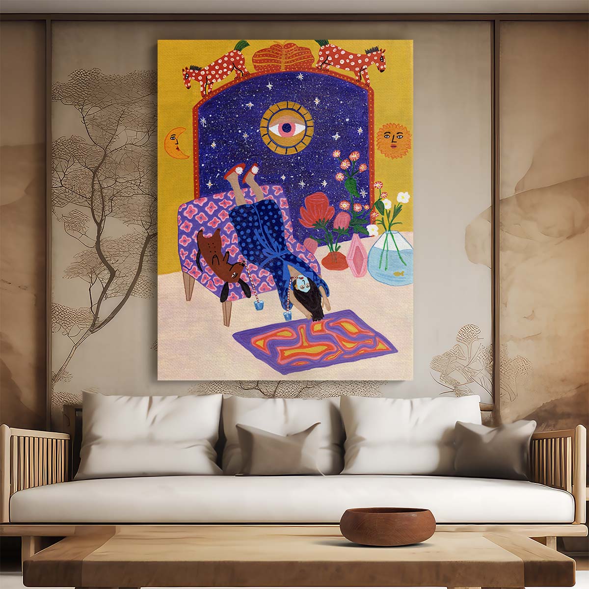 Colorful Relaxing Woman & Pets Illustration Wall Art by Luxuriance Designs, made in USA