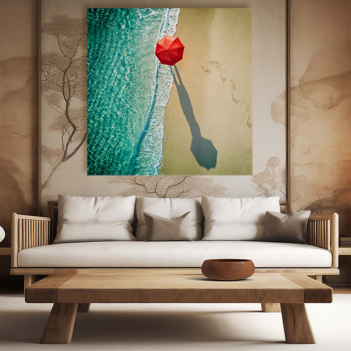 Paradise Coastal Seascape Photography Featuring Red Umbrella Wall Art by Luxuriance Designs. Made in USA.