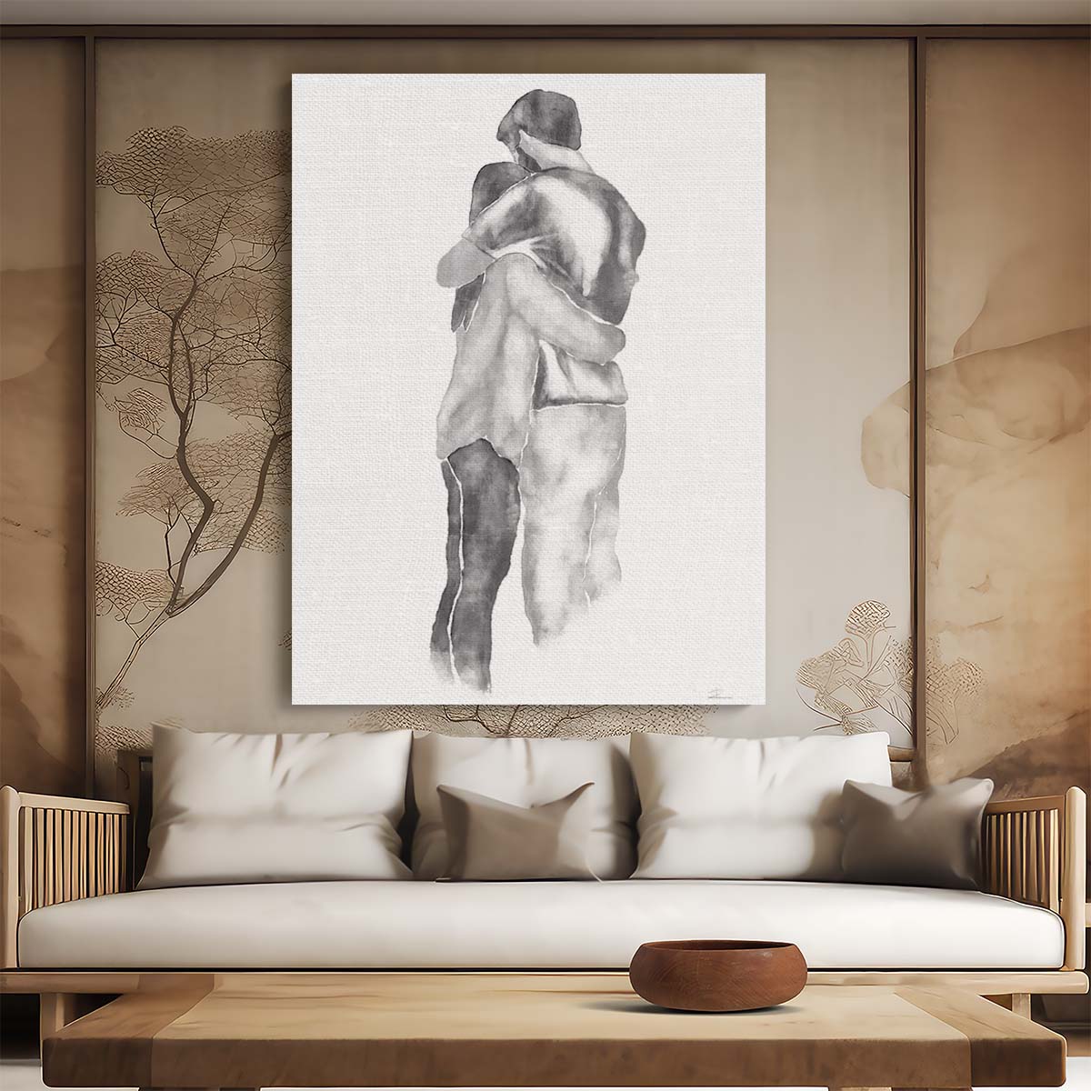 Romantic Embrace Watercolor Illustration - Monochrome Valentine's Duo Art by Luxuriance Designs, made in USA