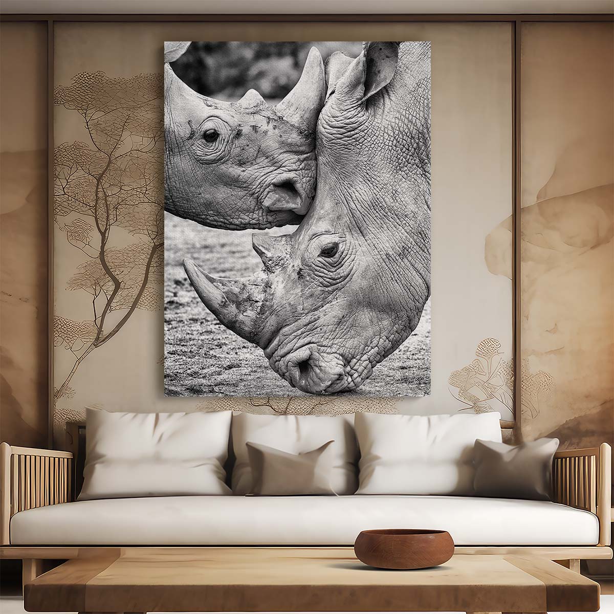 Romantic Rhinoceros Pair Photography Art, Monochrome Love in Spain by Luxuriance Designs, made in USA