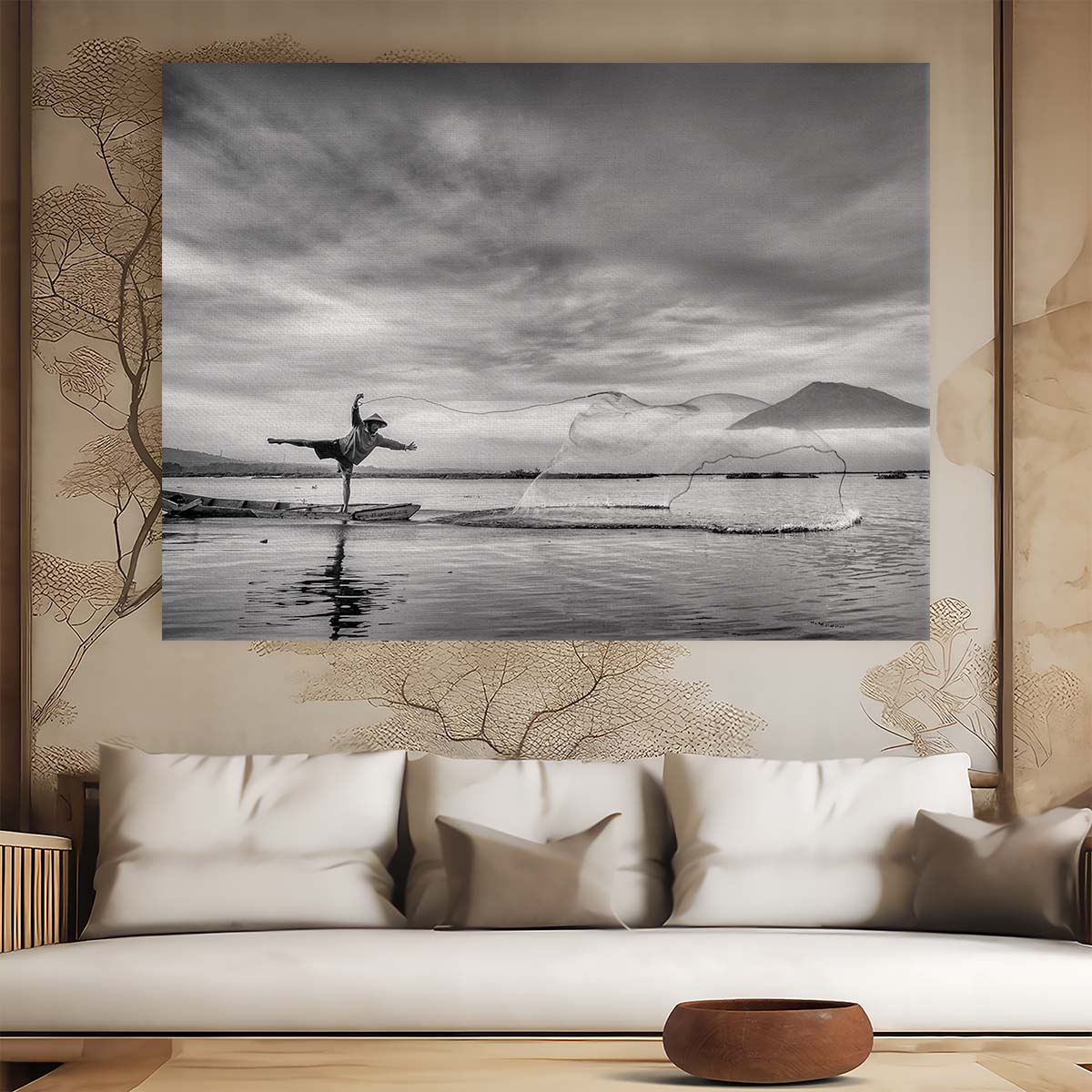 Sacred Fisherman's Balance Monochrome Lake Wall Art by Luxuriance Designs. Made in USA.
