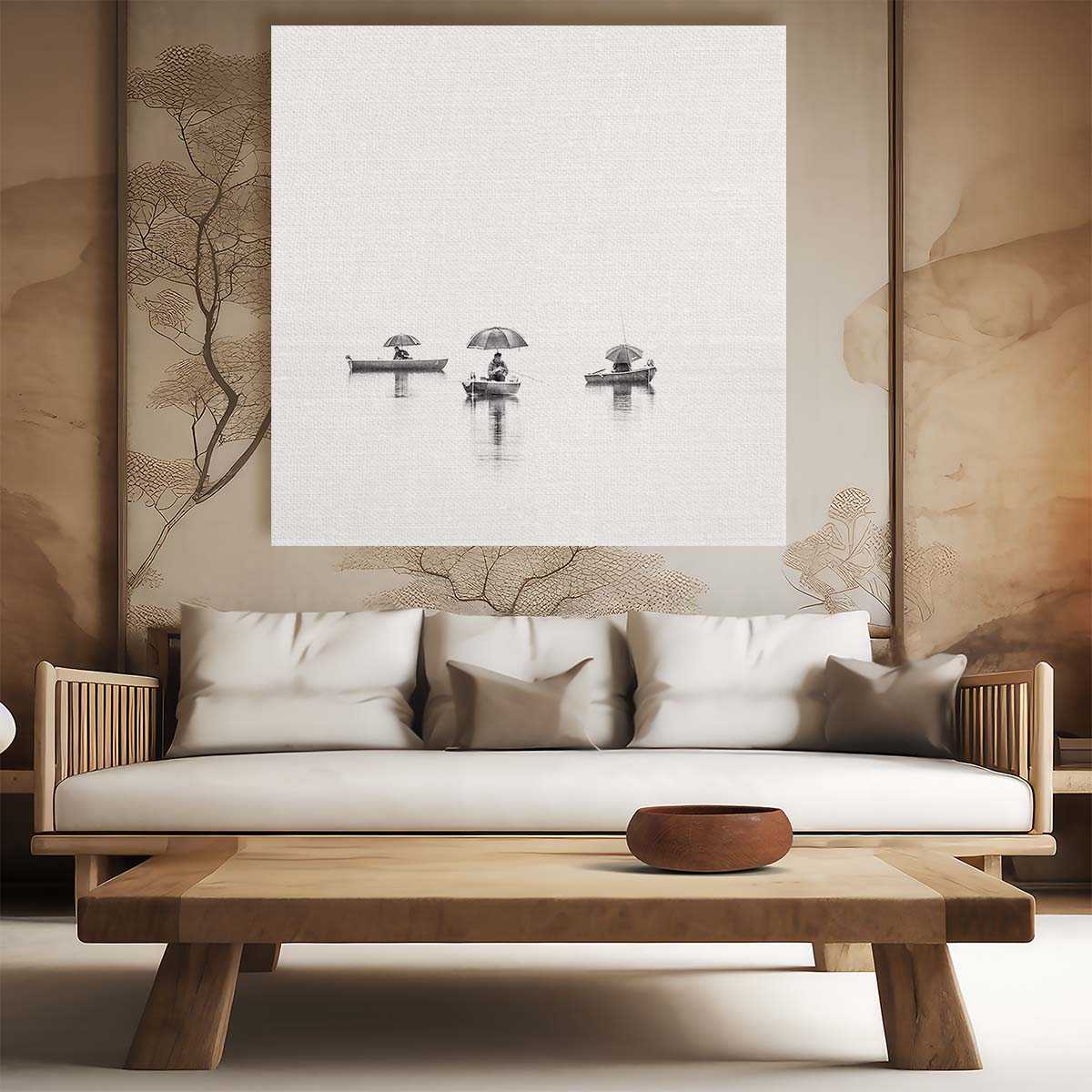 Serene Monochrome Lake Scene with Fishing Reflections & Rowboats Wall Art by Luxuriance Designs. Made in USA.