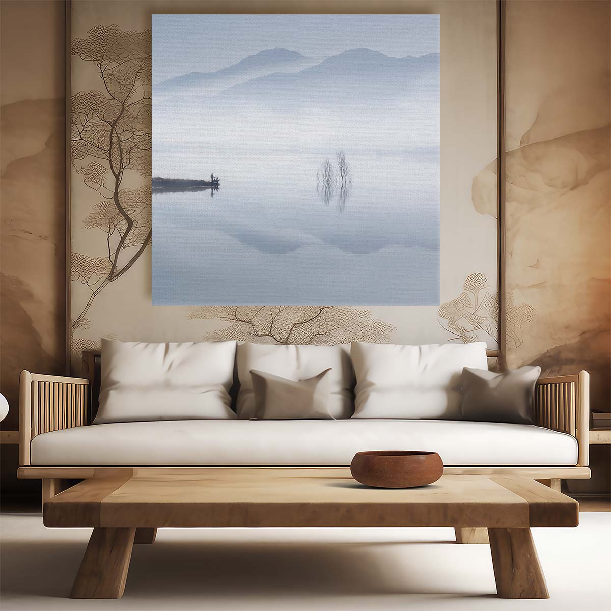 Serene Misty Lake Fishing Pastel Landscape Photography Wall Art by Luxuriance Designs. Made in USA.