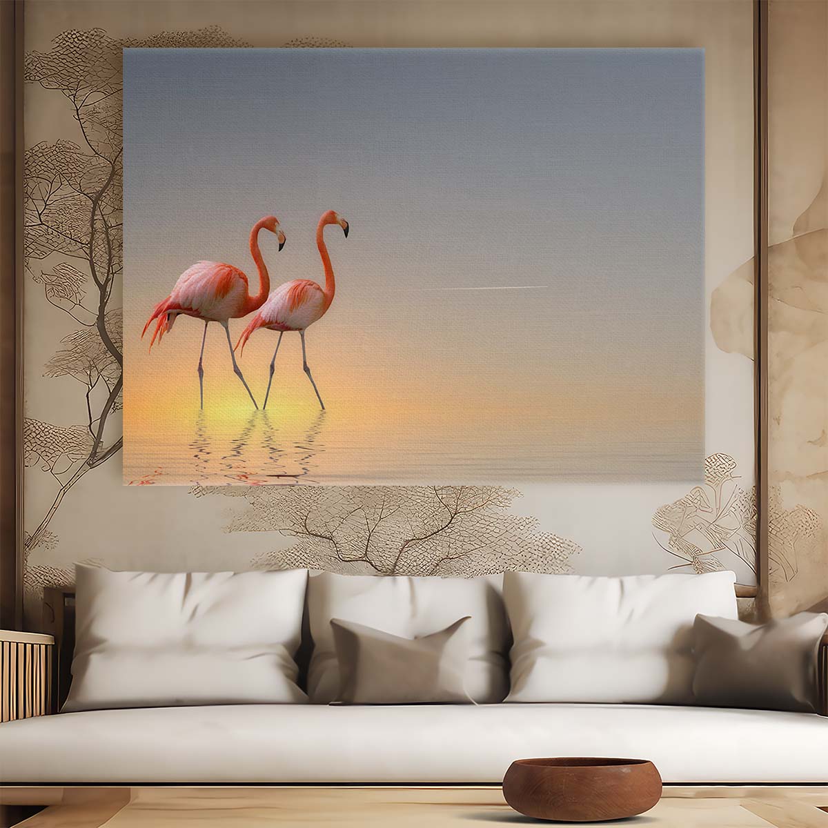 Romantic Flamingo Sunset Reflection Wall Art by Luxuriance Designs. Made in USA.