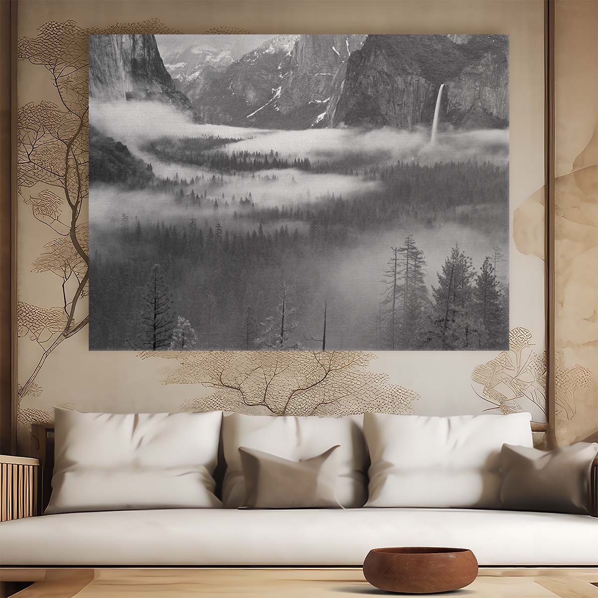 Yosemite Valley Foggy Forest Waterfall Monochrome Wall Art by Luxuriance Designs. Made in USA.