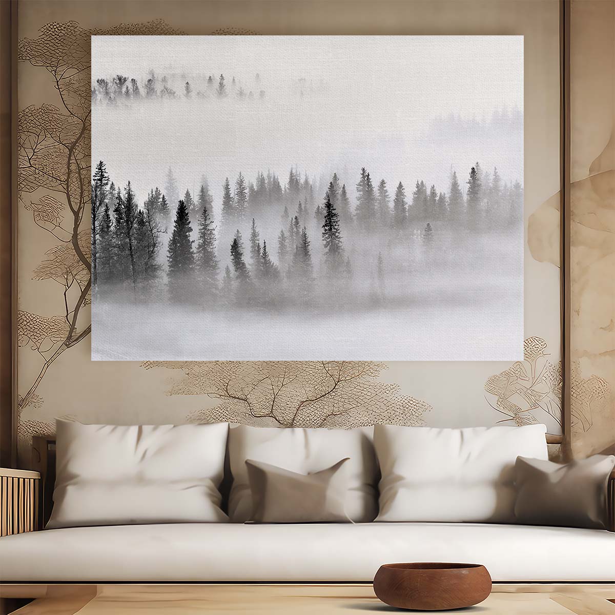 Dreamy Foggy Pine Forest Panorama in Monochrome Wall Art