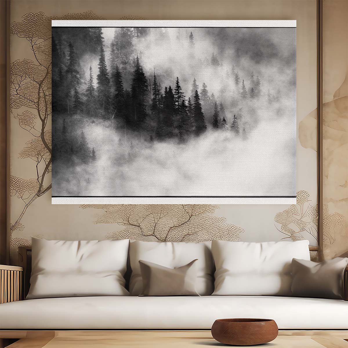 Mystic Foggy Forest Landscape Monochrome Wall Art by Luxuriance Designs. Made in USA.