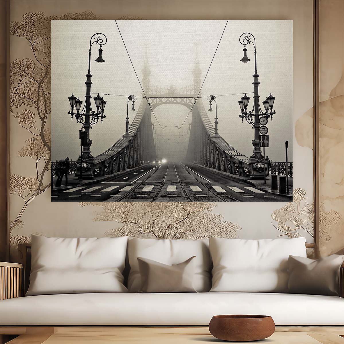 Foggy Budapest Liberty Bridge Iconic View Wall Art by Luxuriance Designs. Made in USA.