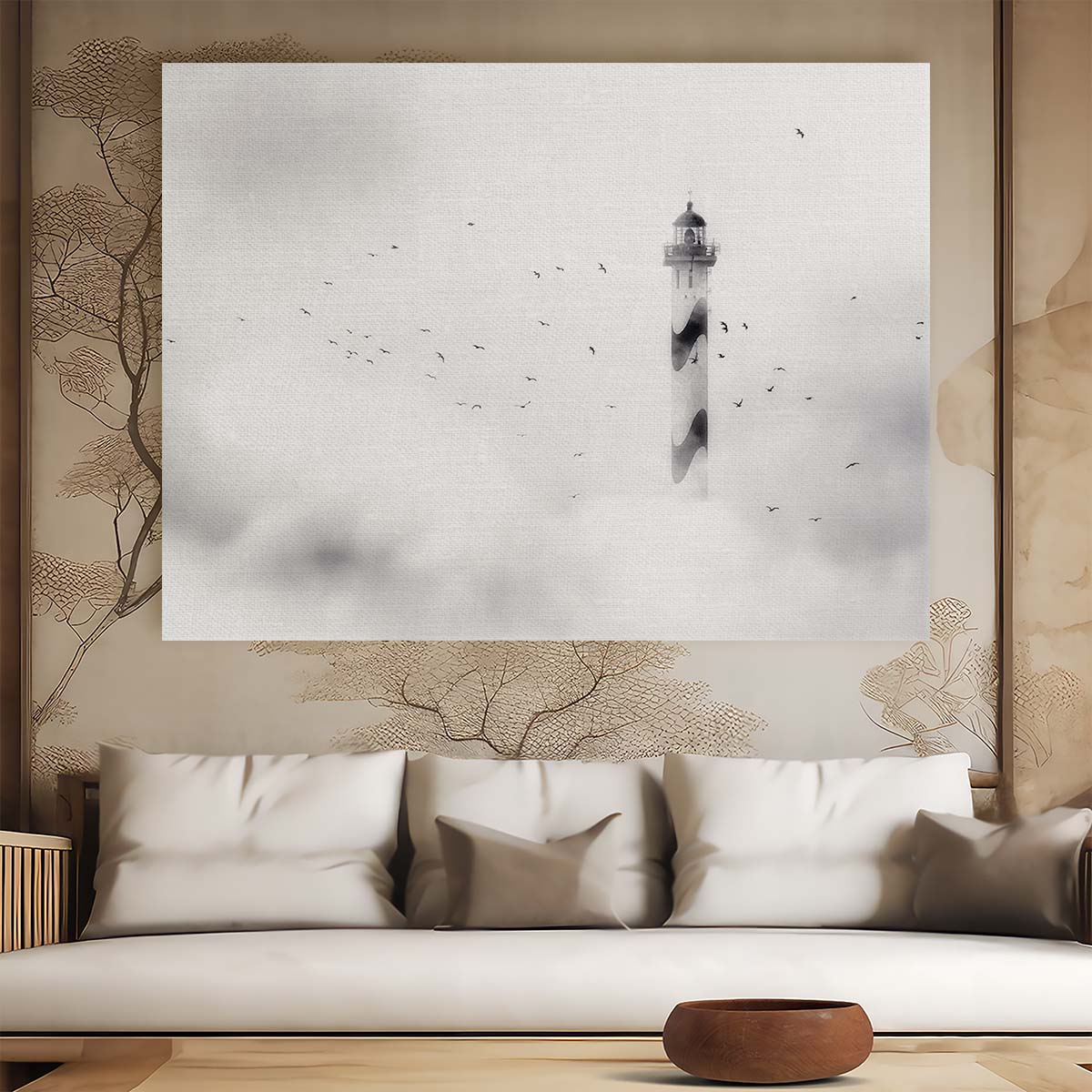 Foggy Ostend Lighthouse & Birds Monochrome Seascape Wall Art by Luxuriance Designs. Made in USA.