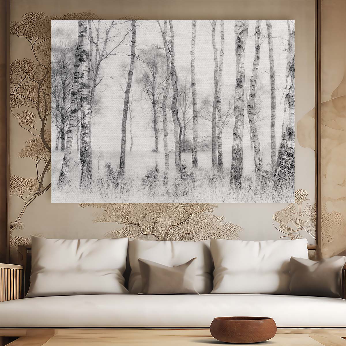 Misty Birch Forest Landscape Black & White Photography Wall Art