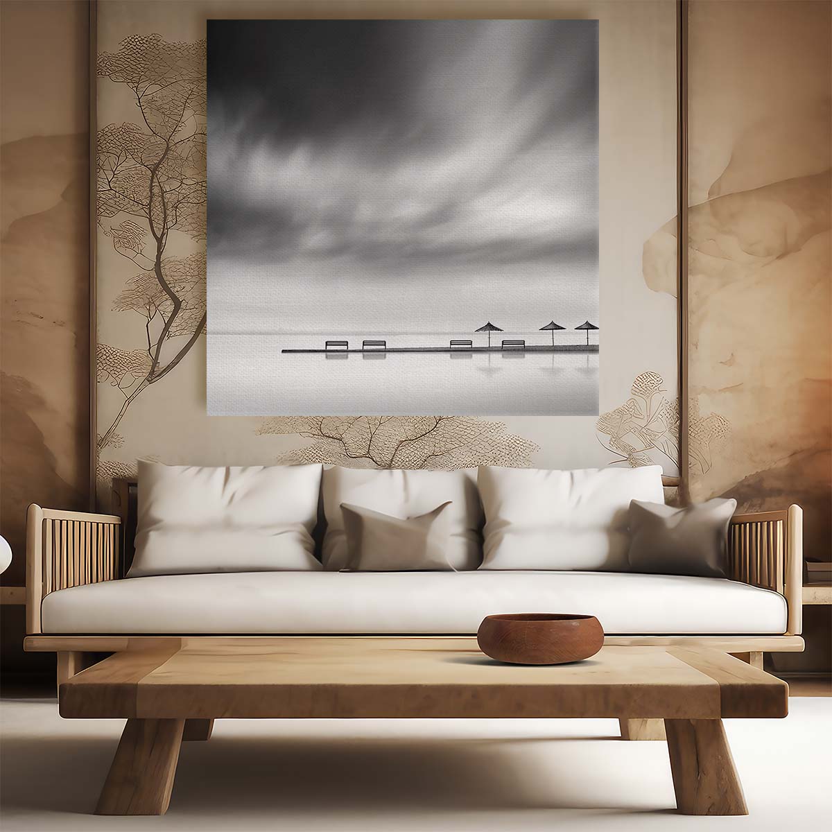 Monochrome Serene Beach Landscape with Benches & Umbrellas Wall Art by Luxuriance Designs. Made in USA.