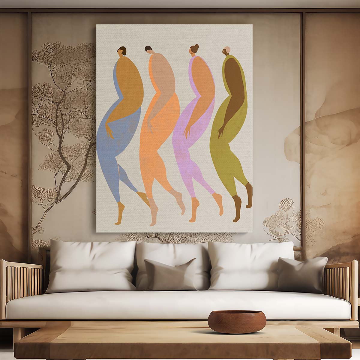 Colorful Boho Illustration of Four Diverse Women Walking, Figurative Wall Art by Luxuriance Designs, made in USA