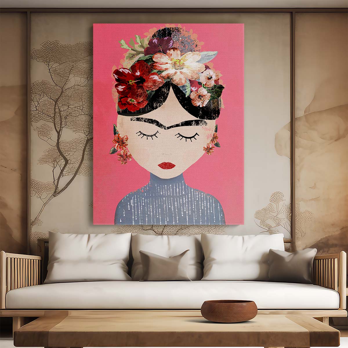 Frida Kahlo Floral Portrait Illustration with Vibrant Pink Background by Luxuriance Designs, made in USA