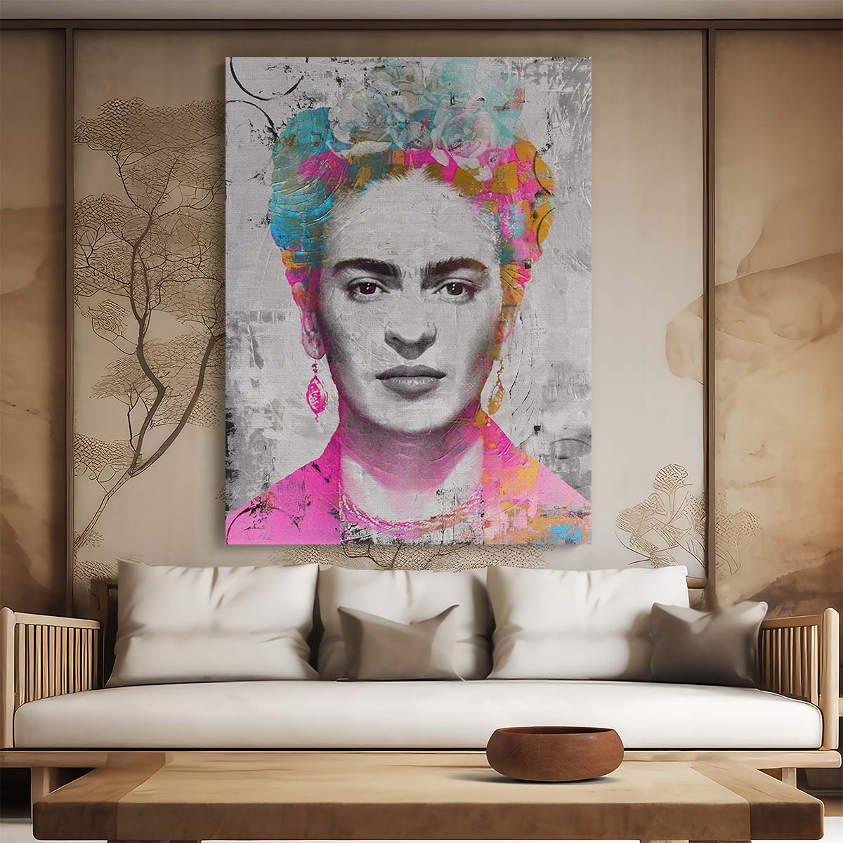 Frida Kahlo Portrait Grey Circles Wall Art by Luxuriance Designs. Made in USA.