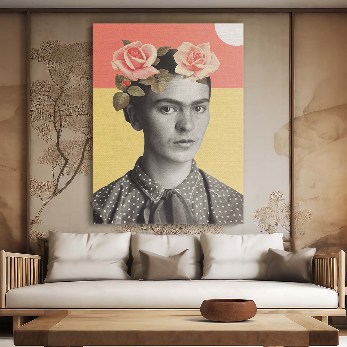 Colorful Frida Kahlo Portrait Illustration with Floral Montage by Luxuriance Designs, made in USA