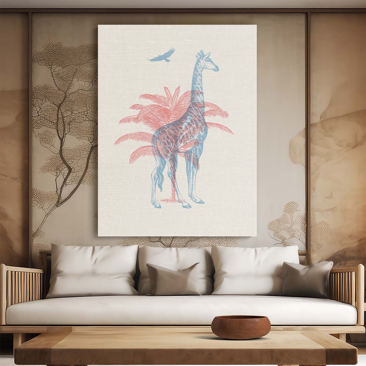 Tropical Giraffe Illustration Art with Palm Trees, Exotic Birds by Luxuriance Designs, made in USA