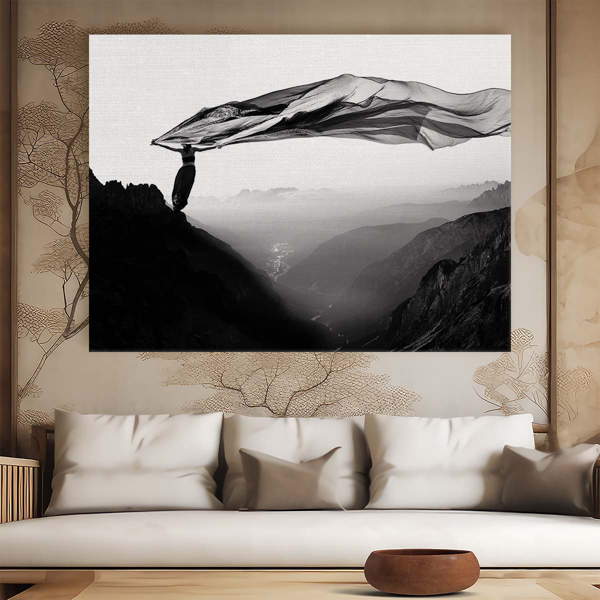 Monochrome Girl Conquering Windy Mountain Landscape Wall Art by Luxuriance Designs. Made in USA.