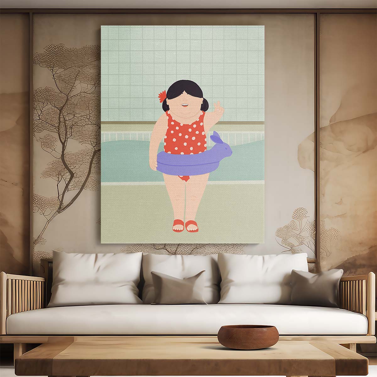 Jota de jai's Joyful Girl Swimming Illustration, Abstract Polka Dot Artwork by Luxuriance Designs, made in USA