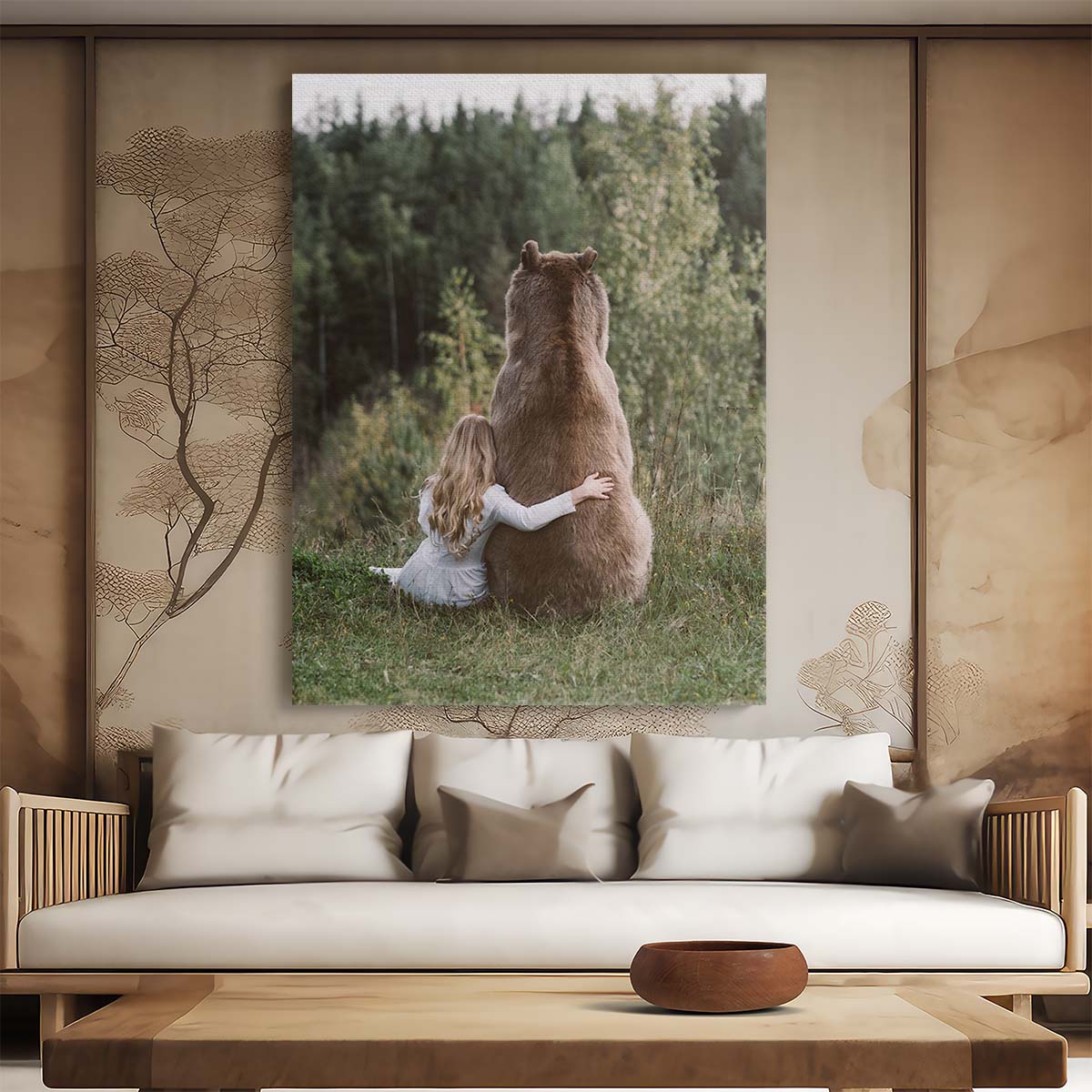 Romantic Fantasy Photography Child's Tender Embrace with Guardian Brown Bear by Luxuriance Designs, made in USA