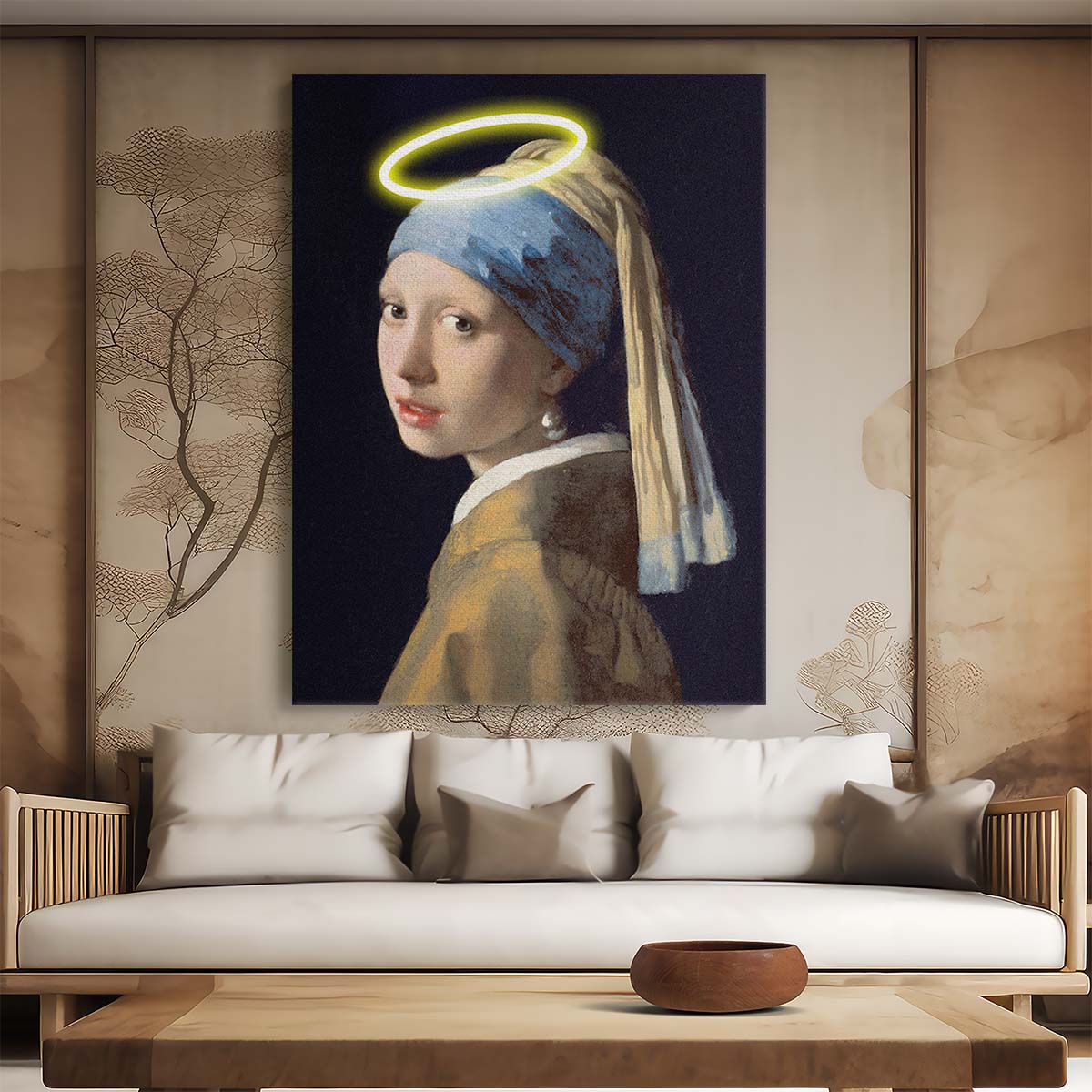 Illustrated Vermeer's Girl with Pearl Earring & Halo Digital Art by Luxuriance Designs, made in USA