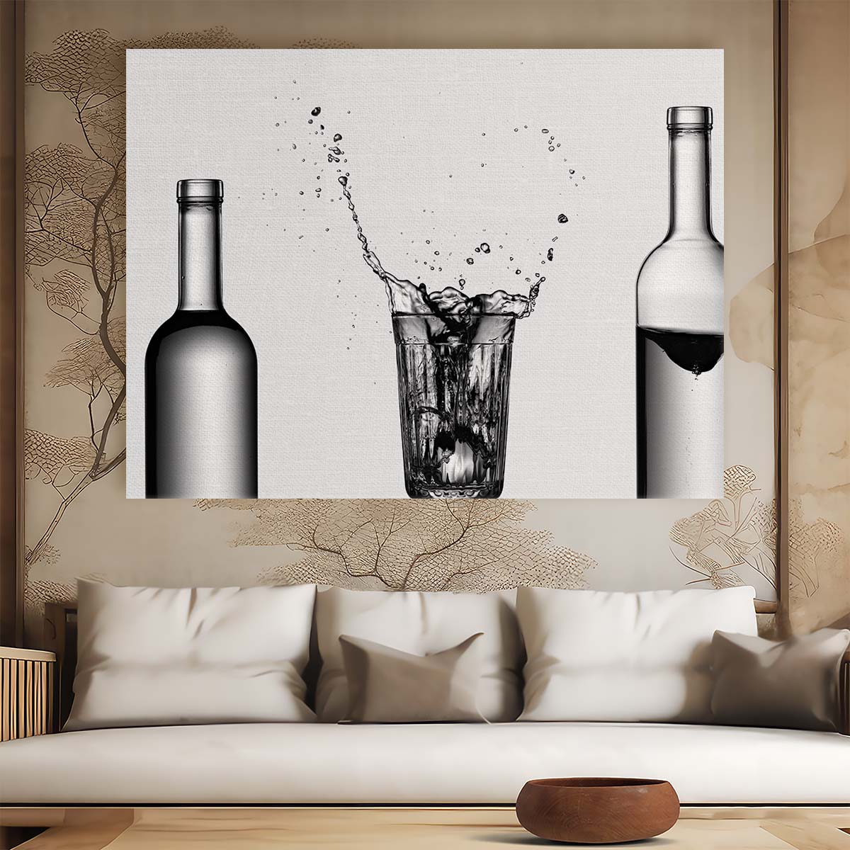 Icy Splash Wine & Water Bottles Panoramic Wall Art by Luxuriance Designs. Made in USA.