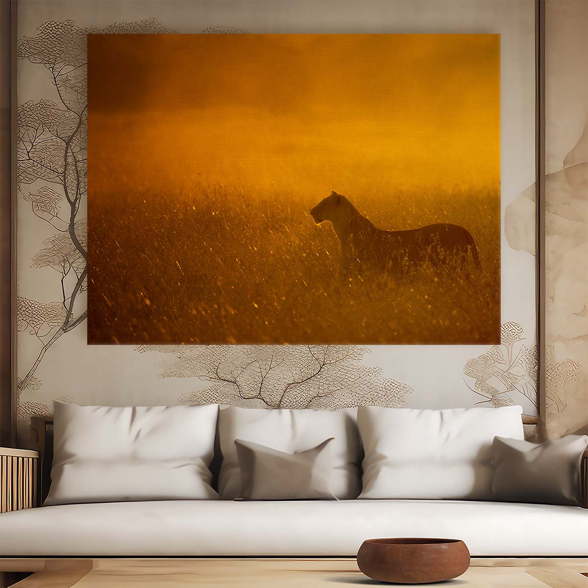 Golden Mist Lioness Solitary Safari Predator Wall Art by Luxuriance Designs. Made in USA.