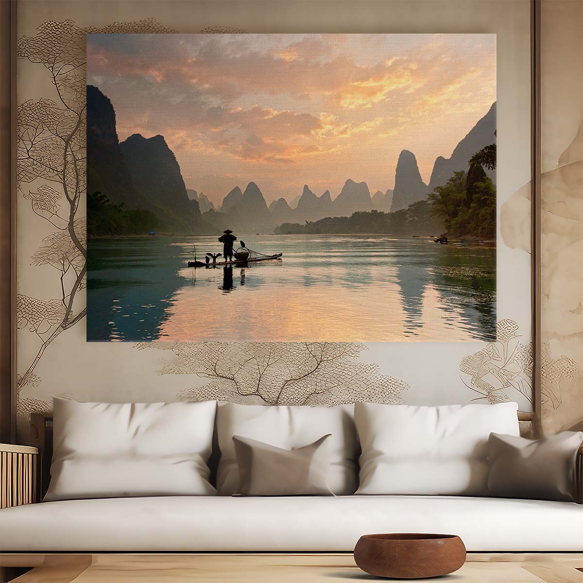 Golden Sunrise Li River Fishing Landscape Photography Wall Art